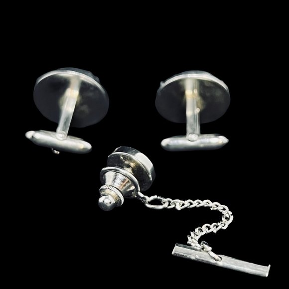 Vintage Silver Tone And Blue Rhinestone Cufflinks and Tie Tack Set (5025) - Picture 2 of 3